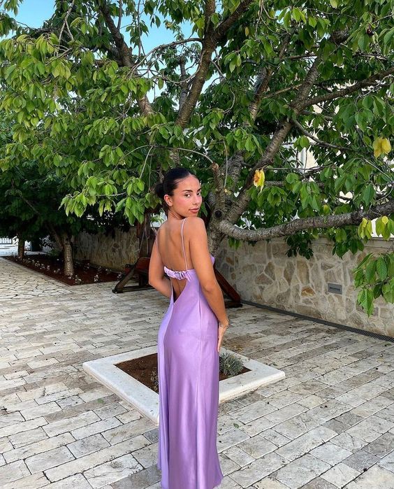 TingPo Wholesale Sexy A line Straps Backless Party Dress Long Lilac Prom Dress